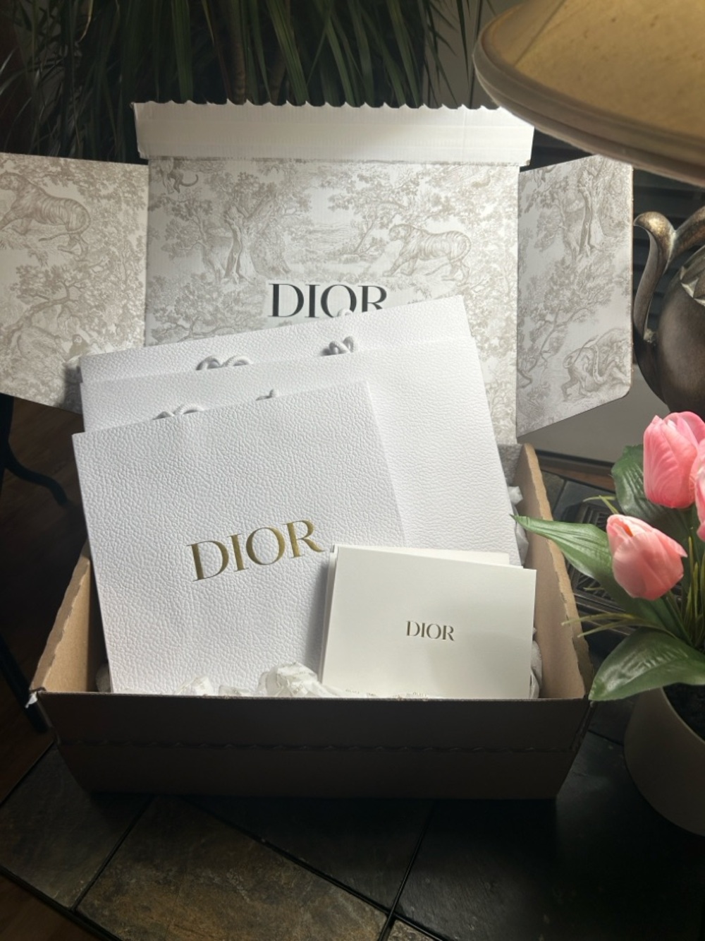 Dior White and Gold Branded Gift Bags and Cards